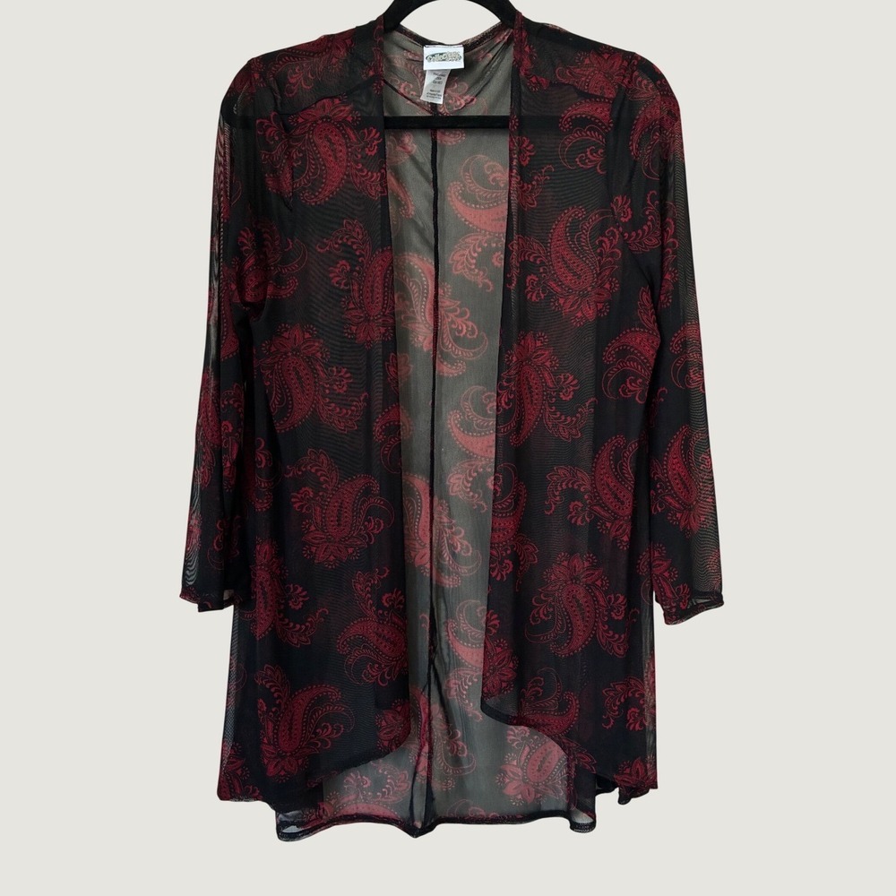 Collections Etc Womens Red Paisley Black Sheer Mesh Open Front Cardigan M Grunge